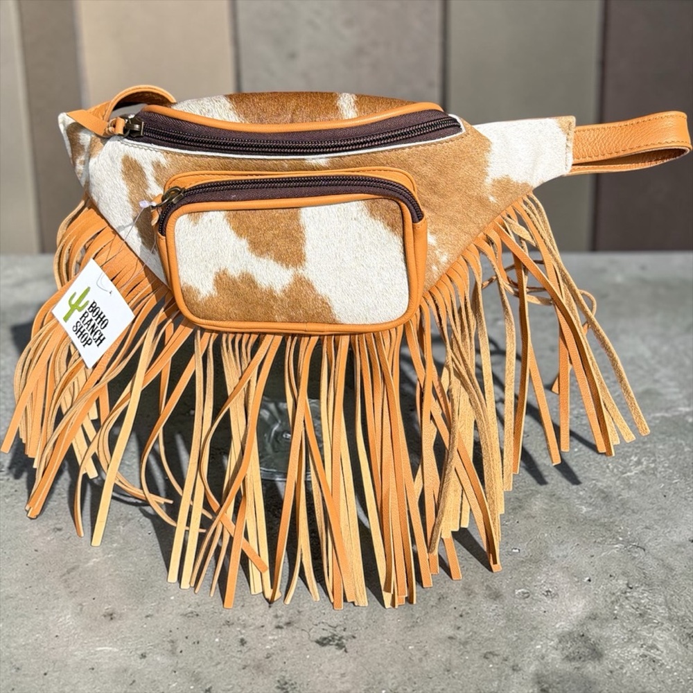 Nu Shuz Key West White Tan Fringed Cowhide Cow Print Crossbody Belt Bag - Picture 6 of 6